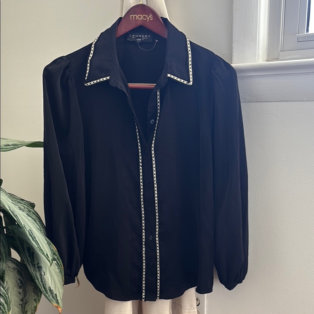 Black Button-Up Blouse with White Trim